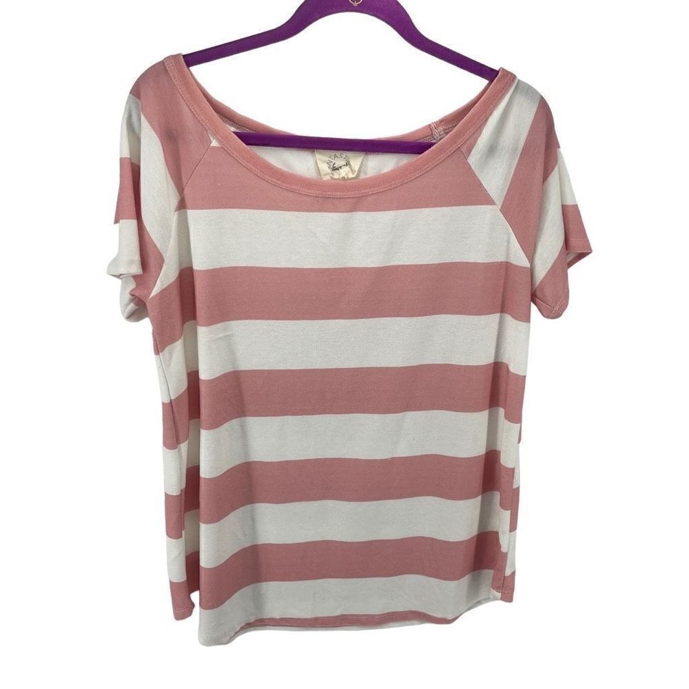 Fantastic Fawn Womens Stripe Shirt Stretch Scoopneck Casual Pink White Large